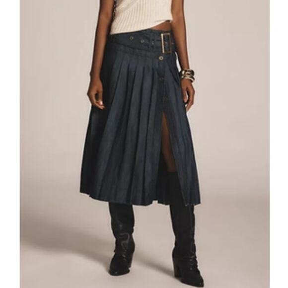 Anthropologie Pilcro Belted Denim Pleated Midi Skirt 6 - Picture 1 of 8